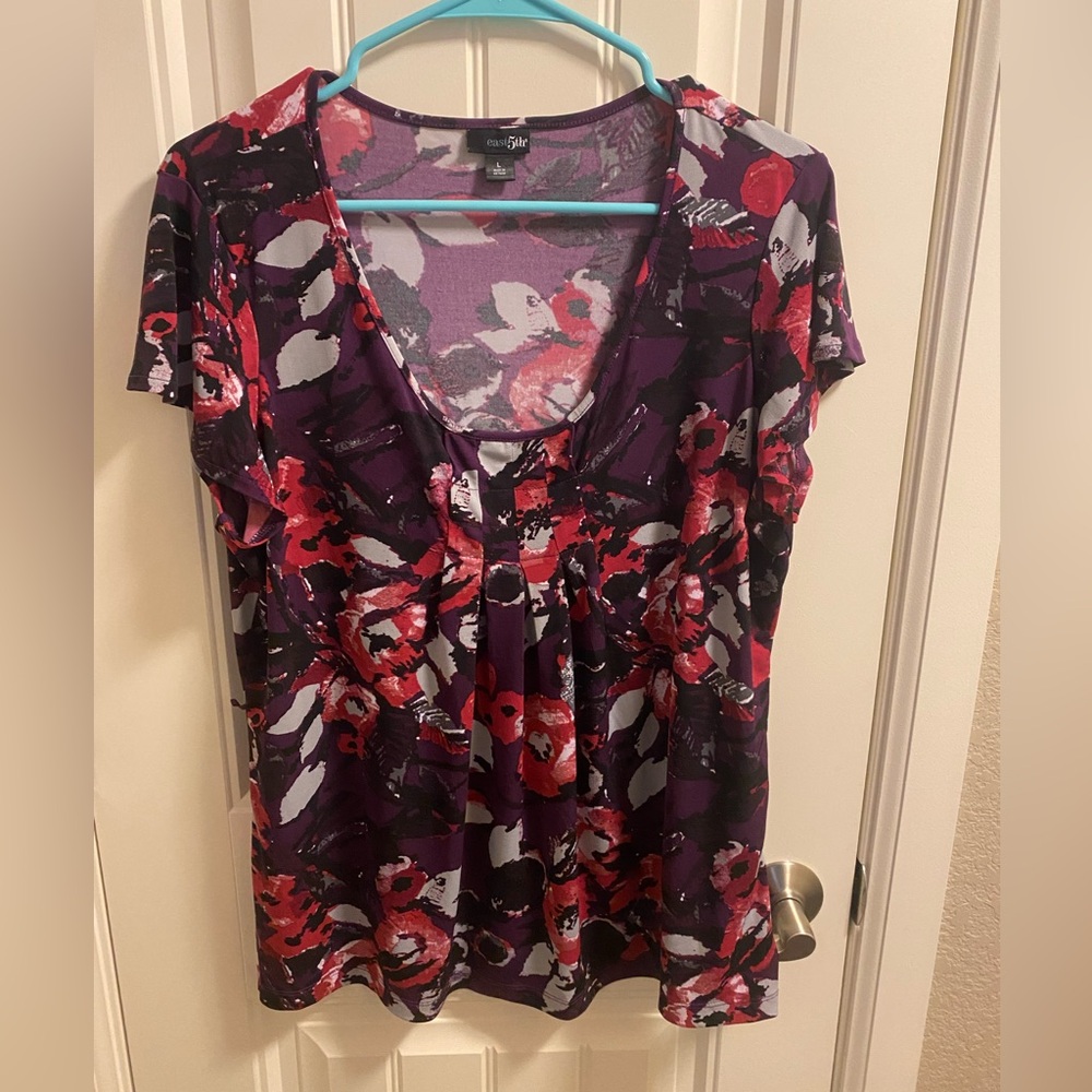 East 5th L Top Floral Large Blouse Gray Black Purple Lg Shirt Short Sleeve